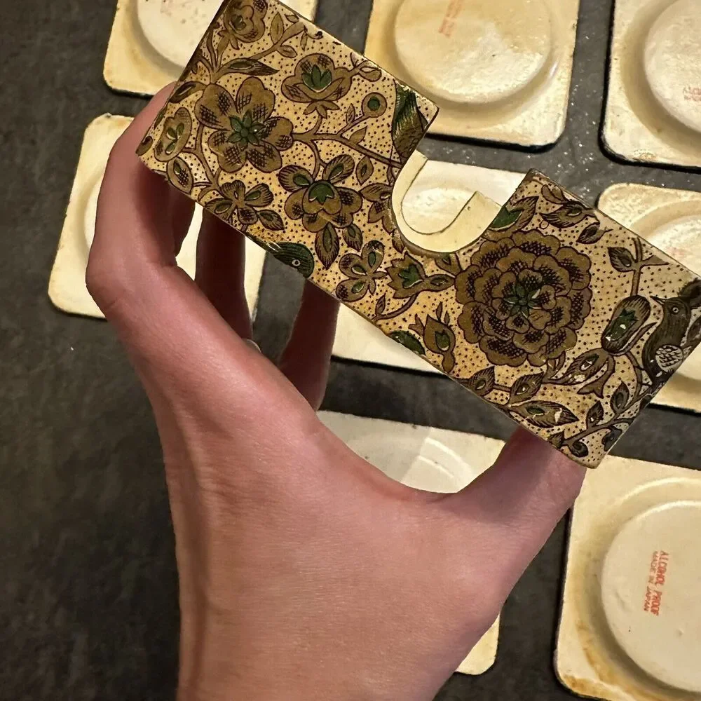 Vtg MCM Alcohol Proof Japan Coaster Set of 8 Floral Birds Paper Mache Barware‎